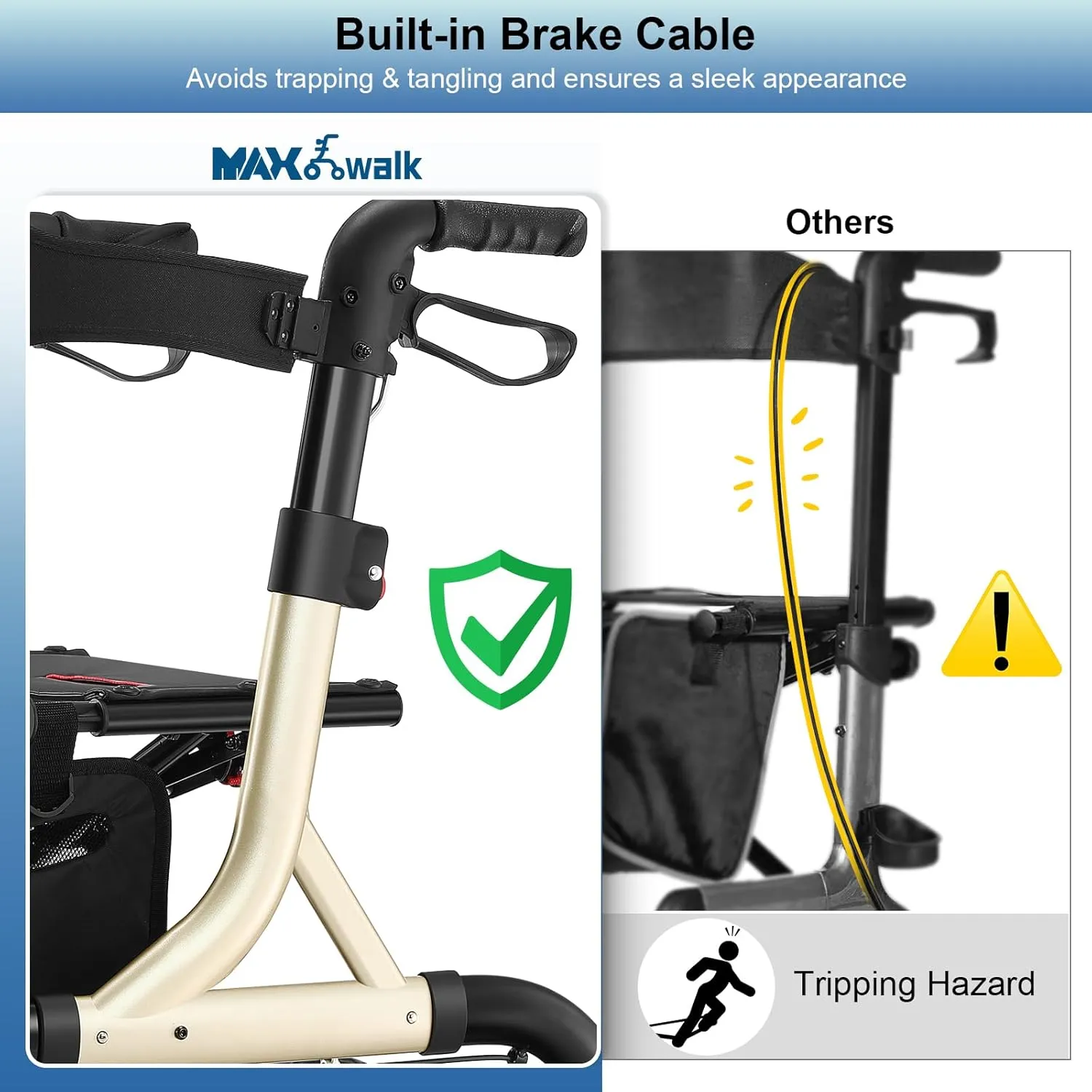 Walkers for Seniors, Rollator Walker with Seat, 12" Big Rubber Wheels All Terrain Rollator Walker with Backrest, Built-in Cable, Cup Holder, Foldable and Height Adjustment for Seniors, Gold