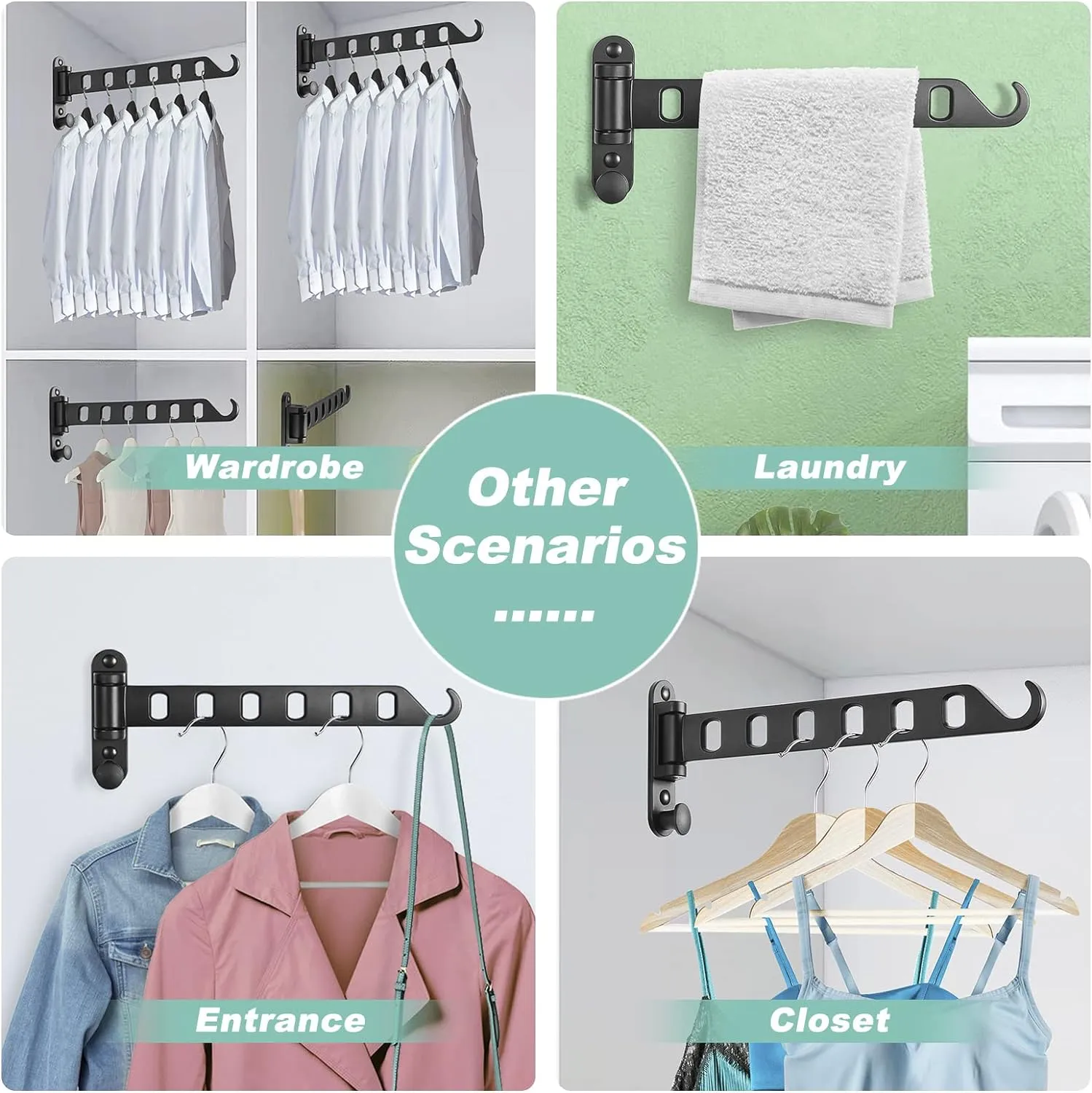 Wall Mounted Clothes Hanger with Swing Arm, Laundry Room Drying Rack, Swing Away Valet Hook, Foldable 180°Rotation, Sturdy Hanging, Solid Aluminum (2-Pack, Black)