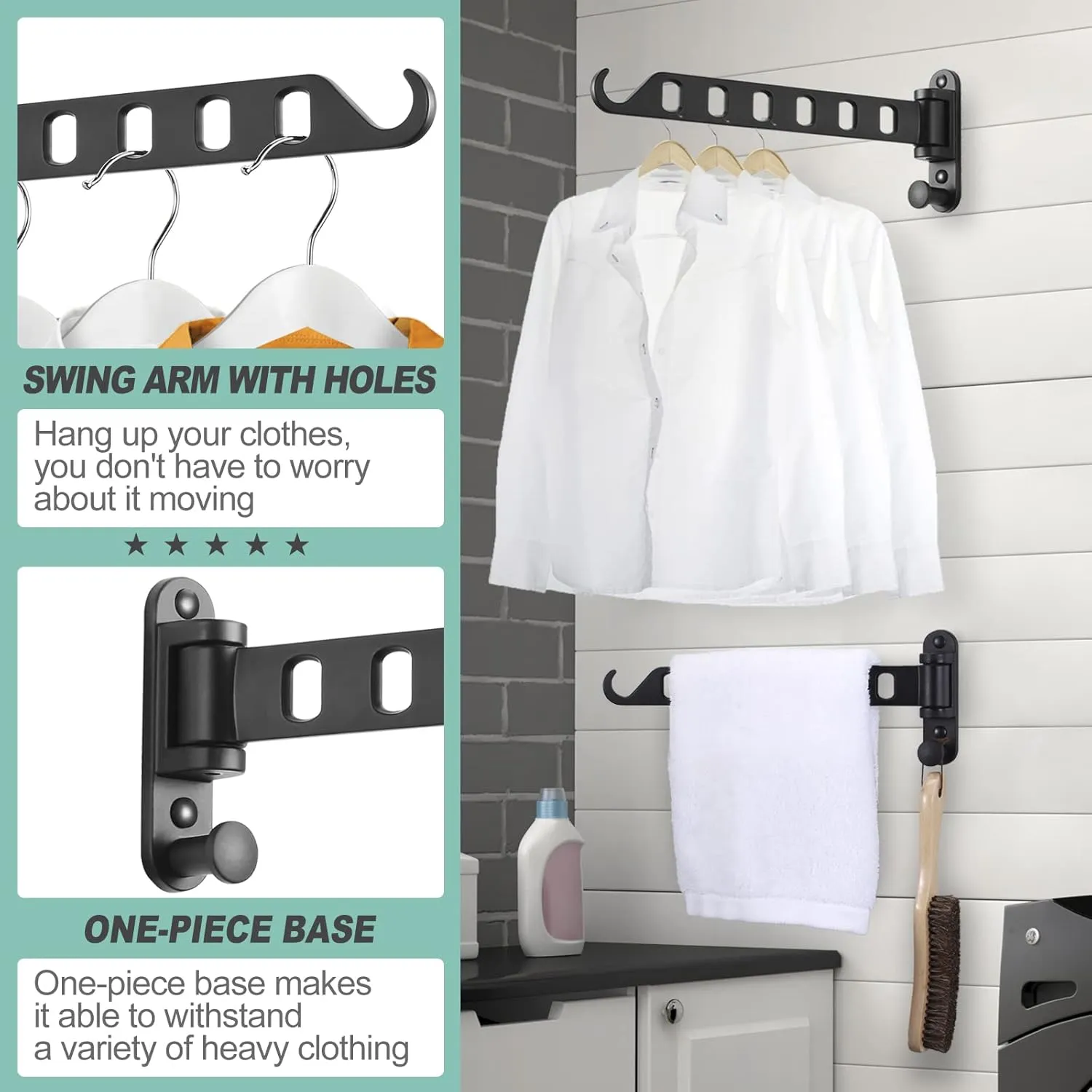 Wall Mounted Clothes Hanger with Swing Arm, Laundry Room Drying Rack, Swing Away Valet Hook, Foldable 180°Rotation, Sturdy Hanging, Solid Aluminum (2-Pack, Black)