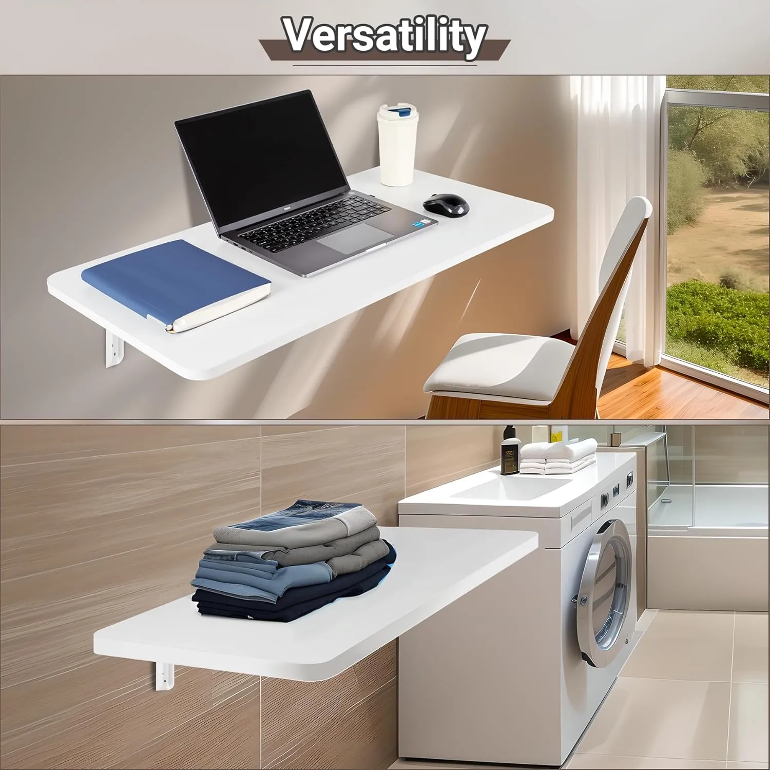 Wall Mounted Folding Table 31.5”L x 15.7”W, Laundry Folding Table with Heavy Duty Metal Collapsible Shelf Brackets, 120 LBS Capacity, Wall Mounted Desk Fold Down for Small Spaces, White