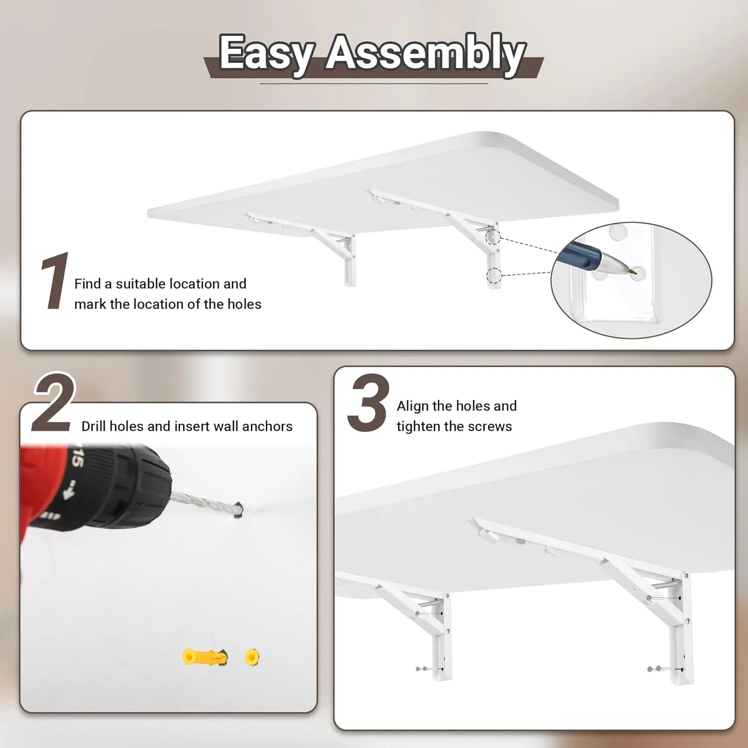 Wall Mounted Folding Table 31.5”L x 15.7”W, Laundry Folding Table with Heavy Duty Metal Collapsible Shelf Brackets, 120 LBS Capacity, Wall Mounted Desk Fold Down for Small Spaces, White