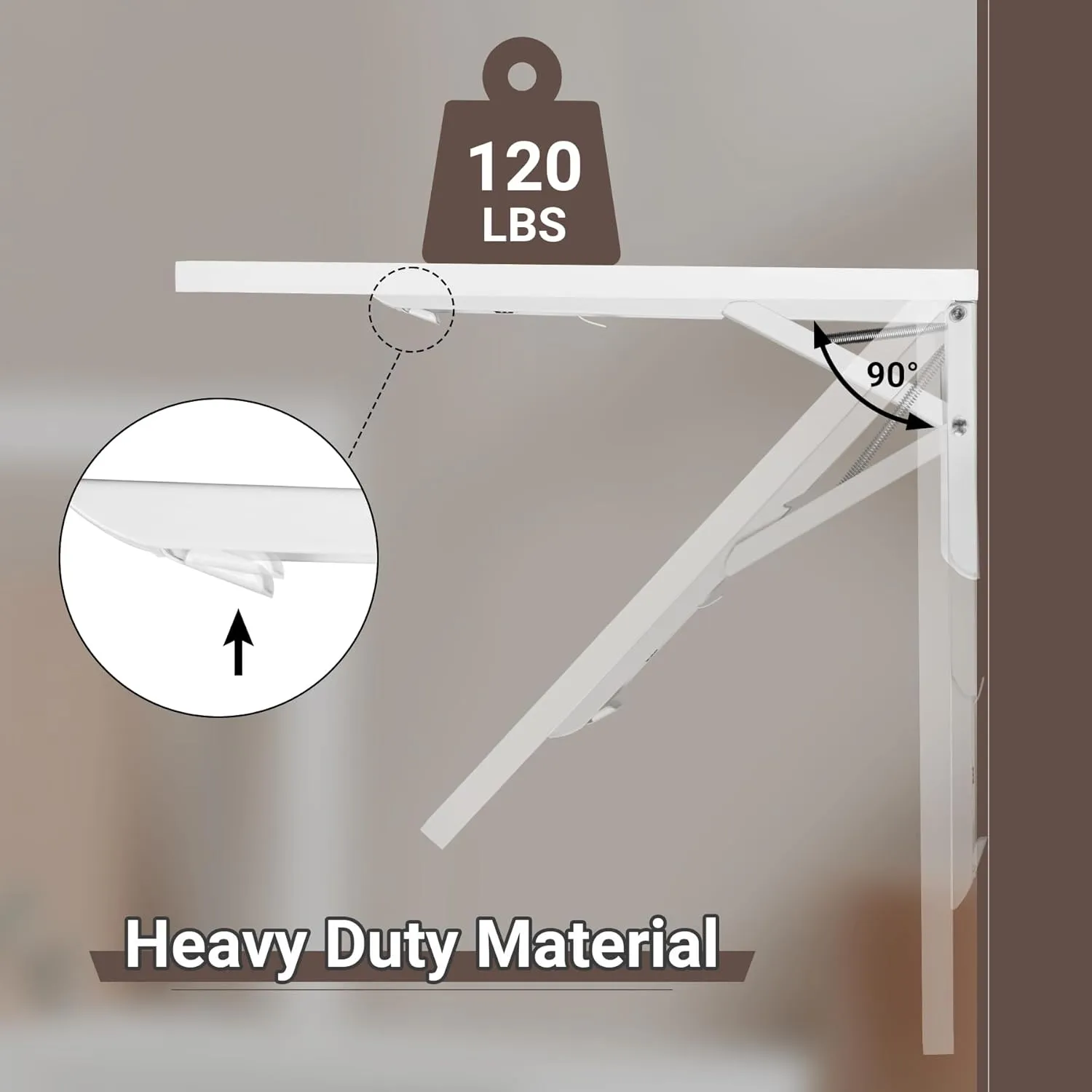 Wall Mounted Folding Table 31.5”L x 15.7”W, Laundry Folding Table with Heavy Duty Metal Collapsible Shelf Brackets, 120 LBS Capacity, Wall Mounted Desk Fold Down for Small Spaces, White