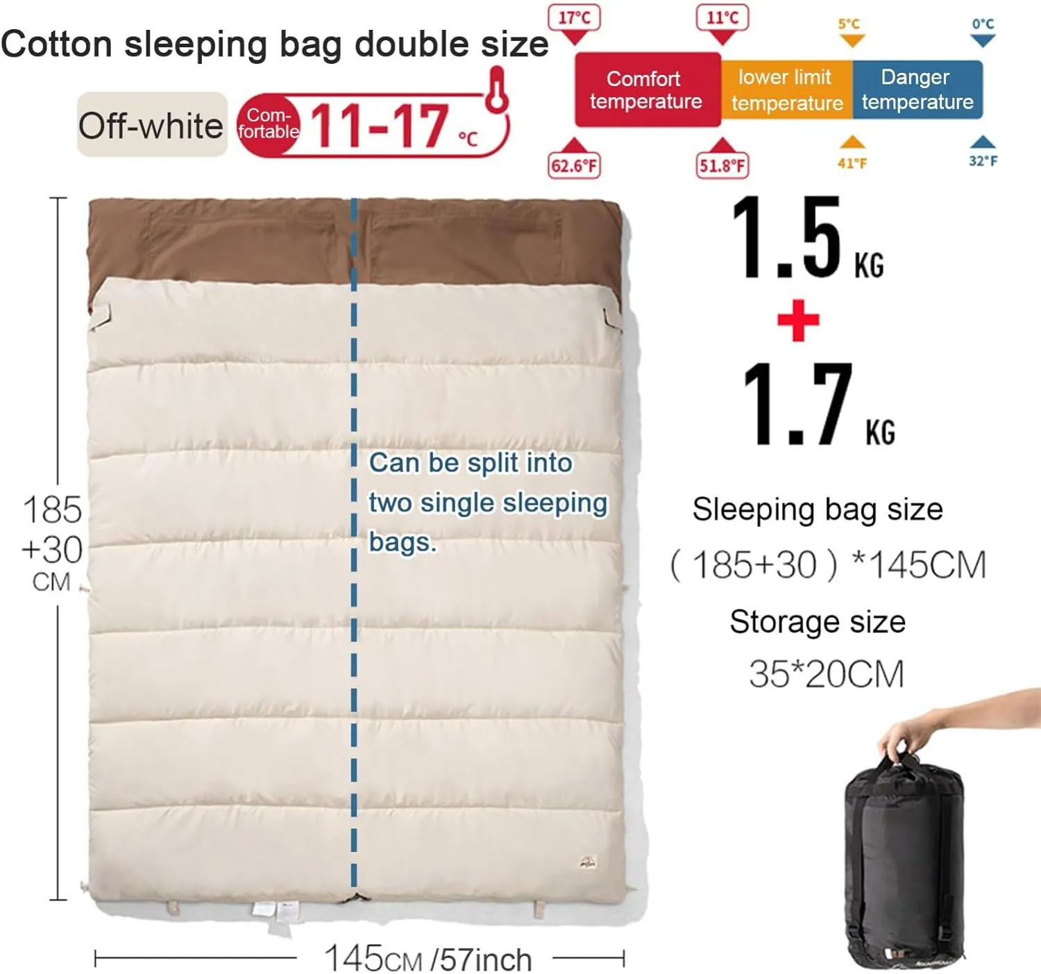 Warm Weather Sleeping Bag, Double Two Person Removable Sleeping Bag with Internal Pocket for Backpacking Camping 3 Season