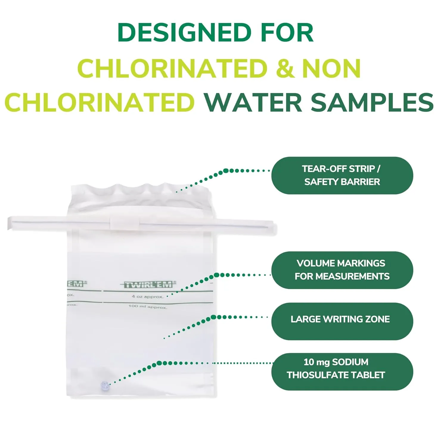 Water Sampling Bag with Thiosulfate - chlorinated Water Quality Tests for Drinking Water, ice, raw Material, Microbiology - sterile, Leakproof (100 ml / 4 oz)