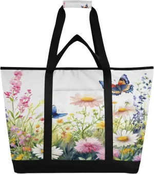Watercolor Wildflower Reusable Insulated Cooler Bag with Ice Pack Compartment - Large 249L Waterproof Thermal Grocery Tote for Picnic Beach Camping Lunch Storage