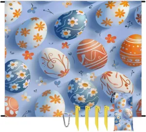 Watercolour Easter Eggs Beach Blanket, Sandproof Beach Mat, Adults Waterproof Quick Drying Sand Free Mat with 4 x Ground Spikes for Outdoor Travel Camping Hiking, Seasonal Spring
