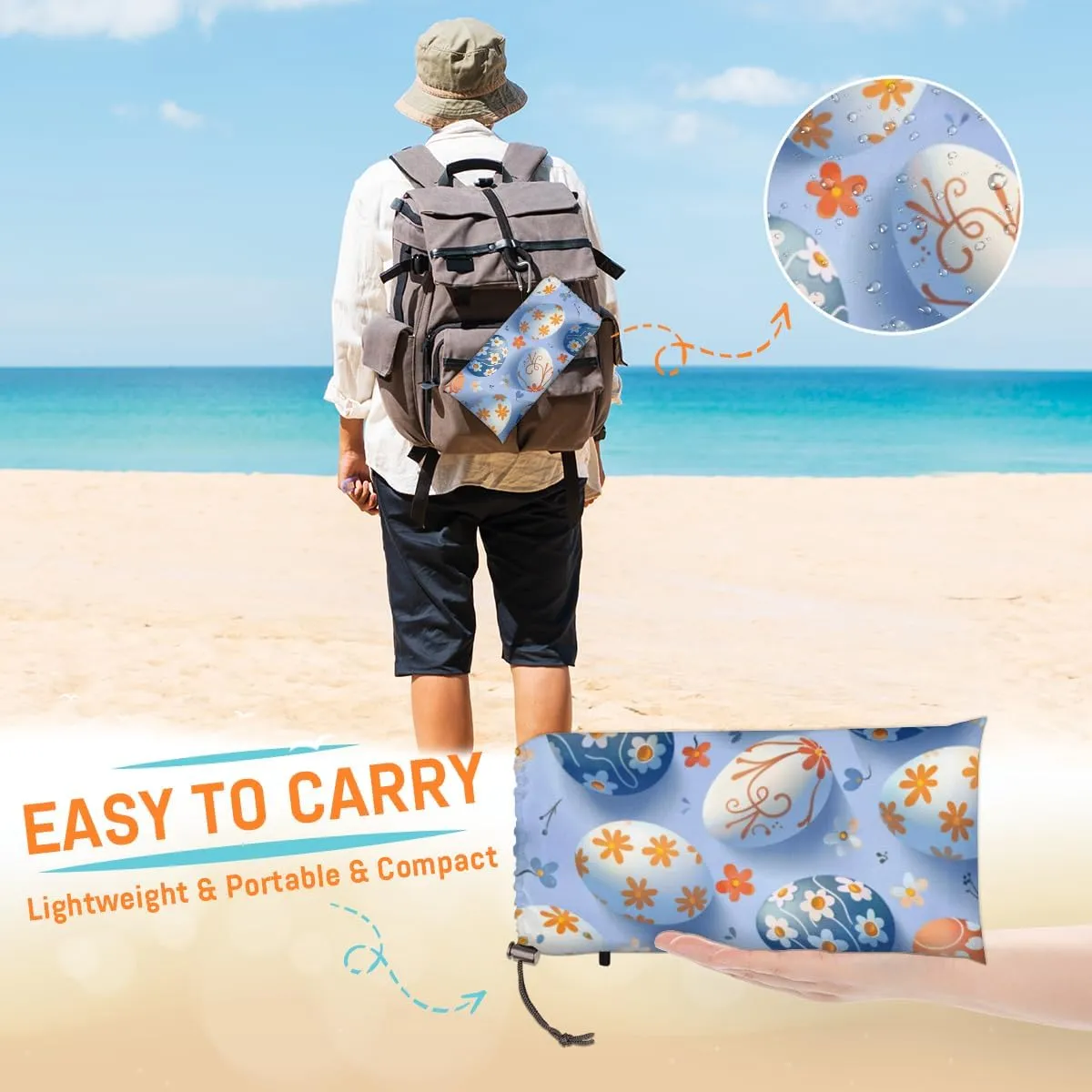 Watercolour Easter Eggs Beach Blanket, Sandproof Beach Mat, Adults Waterproof Quick Drying Sand Free Mat with 4 x Ground Spikes for Outdoor Travel Camping Hiking, Seasonal Spring