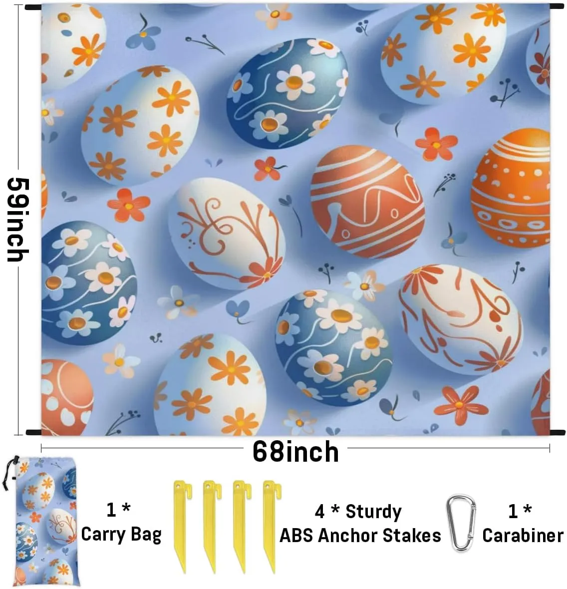 Watercolour Easter Eggs Beach Blanket, Sandproof Beach Mat, Adults Waterproof Quick Drying Sand Free Mat with 4 x Ground Spikes for Outdoor Travel Camping Hiking, Seasonal Spring