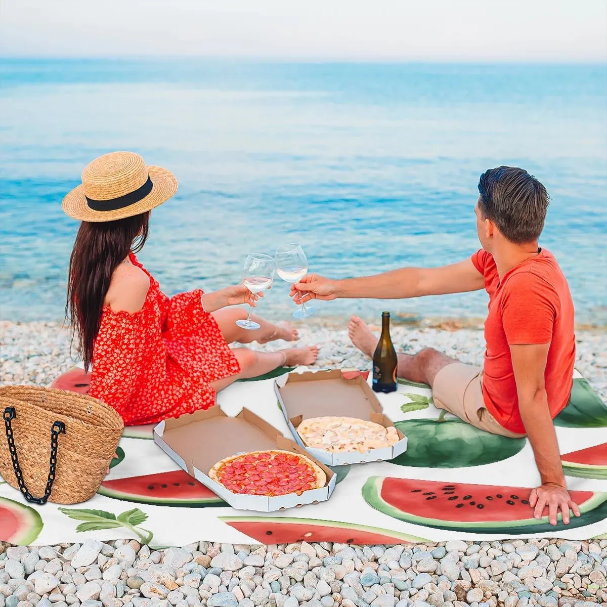 Watermelon Beach Blanket, Sandproof Beach Mat, 68 x 59 Waterproof Quick Drying Sand Free Mat with 4 x Ground Spikes for Outdoor Travel Camping Hiking, Summer Fruit