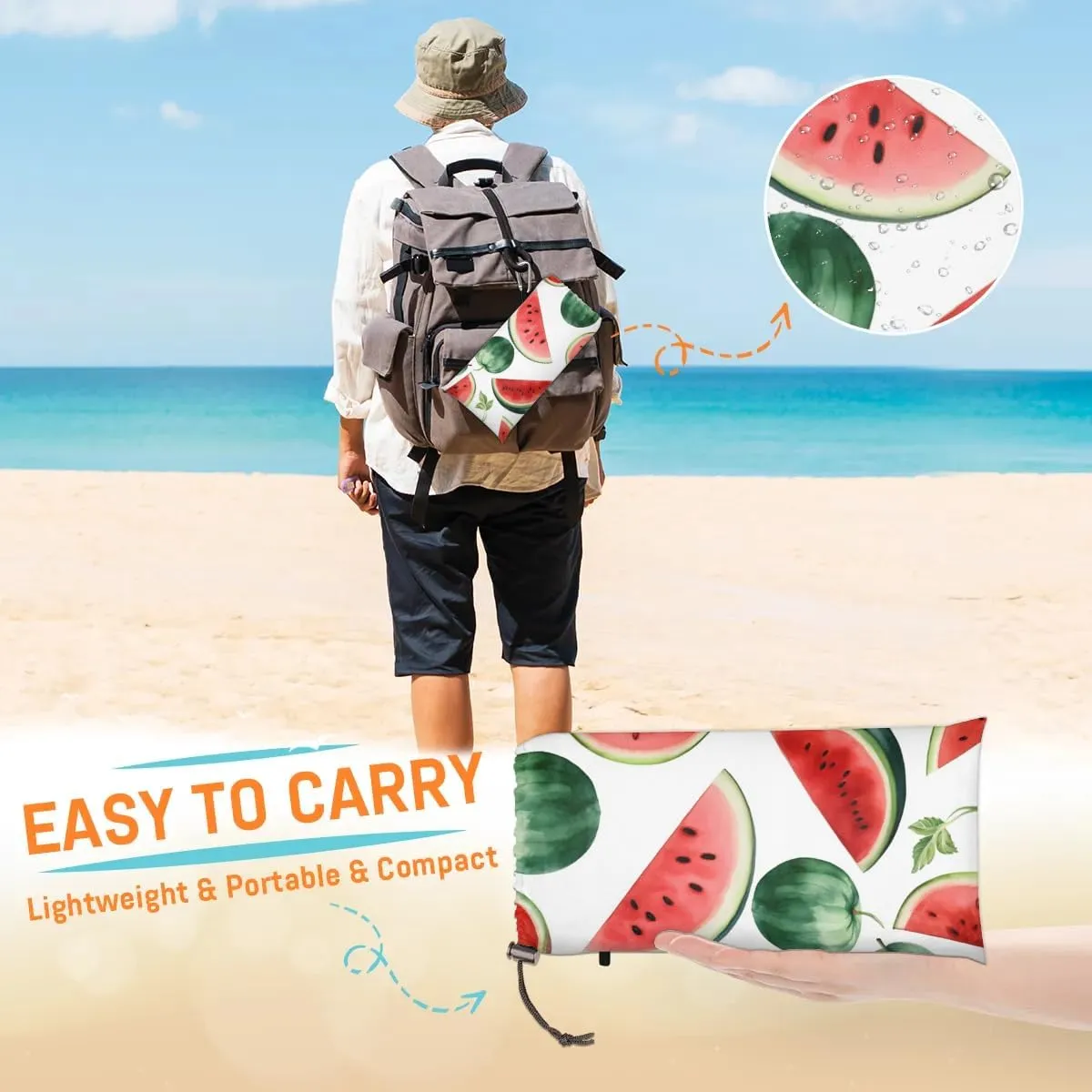 Watermelon Beach Blanket, Sandproof Beach Mat, 68 x 59 Waterproof Quick Drying Sand Free Mat with 4 x Ground Spikes for Outdoor Travel Camping Hiking, Summer Fruit