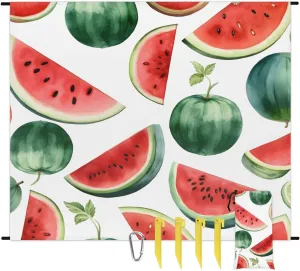 Watermelon Beach Blanket, Sandproof Beach Mat, 68 x 59 Waterproof Quick Drying Sand Free Mat with 4 x Ground Spikes for Outdoor Travel Camping Hiking, Summer Fruit
