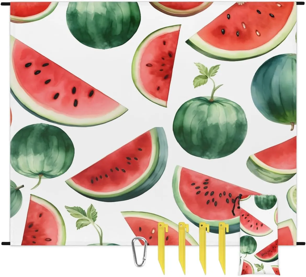 Watermelon Beach Blanket, Sandproof Beach Mat, 68 x 59 Waterproof Quick Drying Sand Free Mat with 4 x Ground Spikes for Outdoor Travel Camping Hiking, Summer Fruit