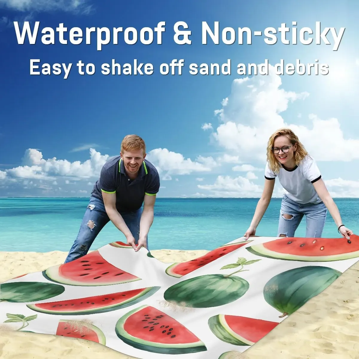 Watermelon Beach Blanket, Sandproof Beach Mat, 68 x 59 Waterproof Quick Drying Sand Free Mat with 4 x Ground Spikes for Outdoor Travel Camping Hiking, Summer Fruit
