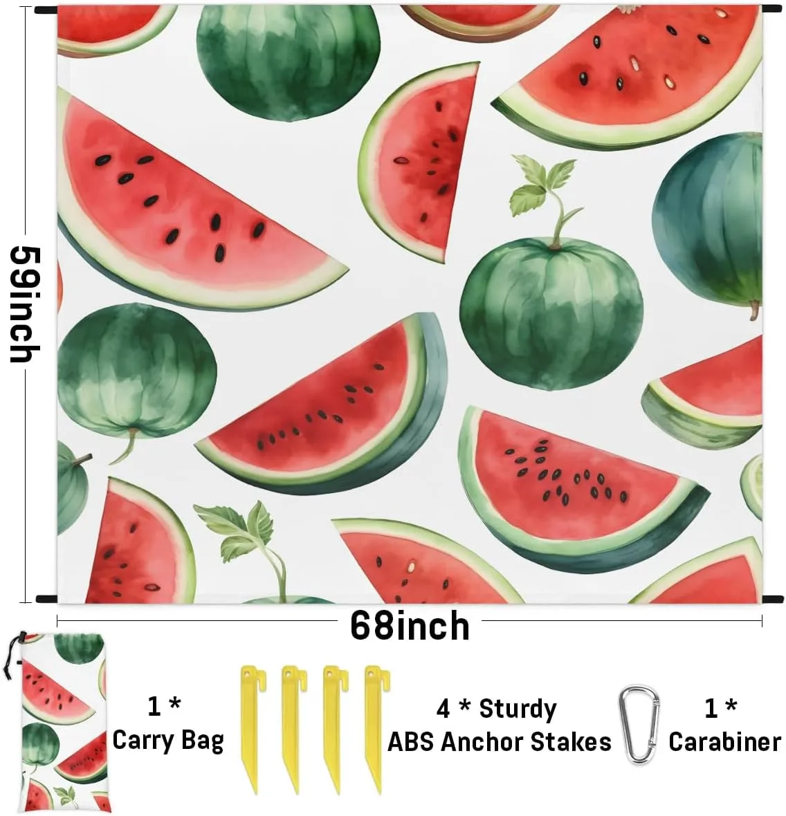 Watermelon Beach Blanket, Sandproof Beach Mat, 68 x 59 Waterproof Quick Drying Sand Free Mat with 4 x Ground Spikes for Outdoor Travel Camping Hiking, Summer Fruit