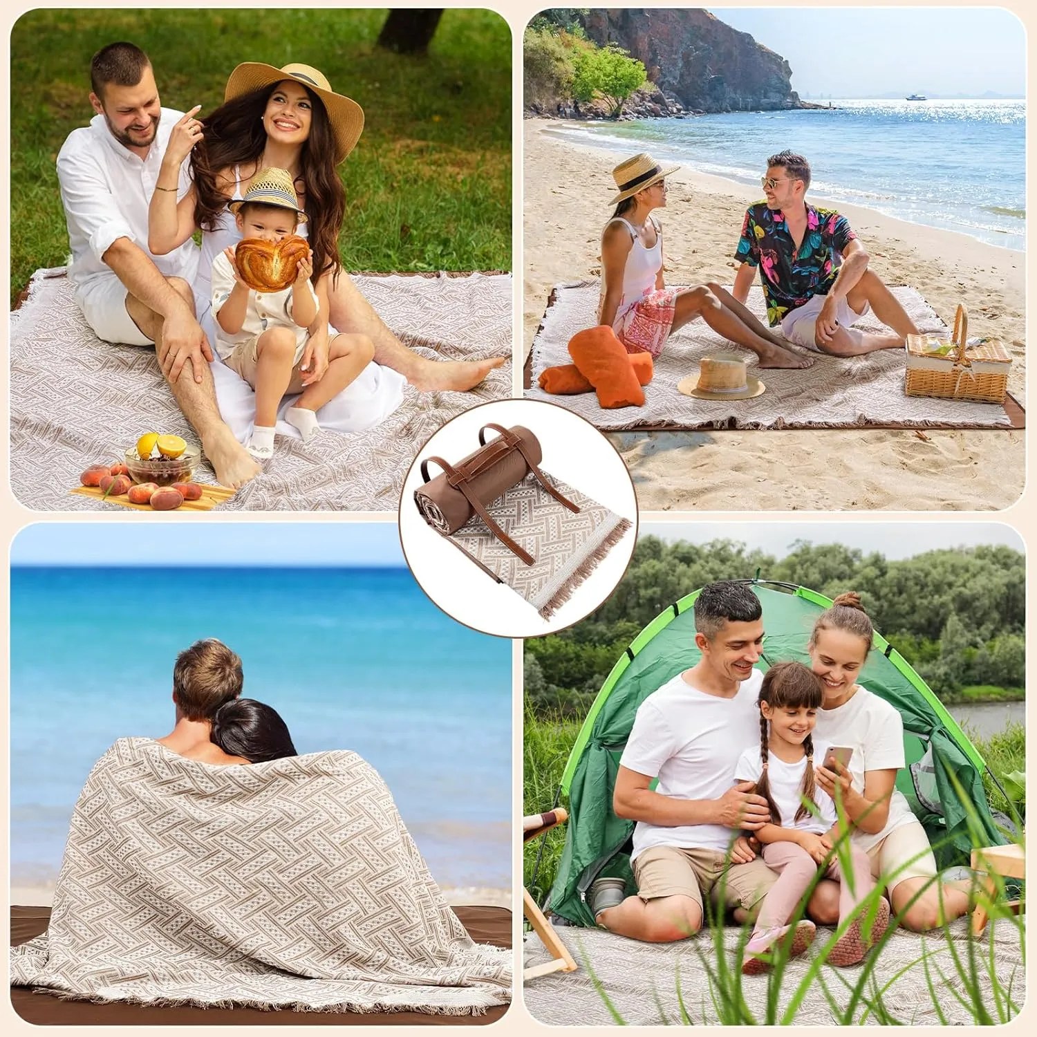 Waterproof Picnic Blankets Outdoor Blanket Foldable 2 in 1 Double Layer Sandproof Beach Mat with Carry Strap for Camping Lawn Park Beach Grass(Khaki,71 x 71 Inches)