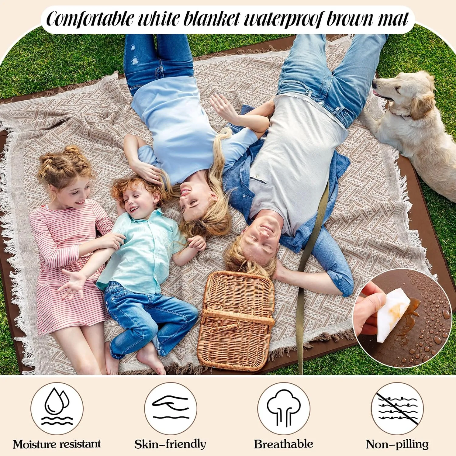 Waterproof Picnic Blankets Outdoor Blanket Foldable 2 in 1 Double Layer Sandproof Beach Mat with Carry Strap for Camping Lawn Park Beach Grass(Khaki,71 x 71 Inches)