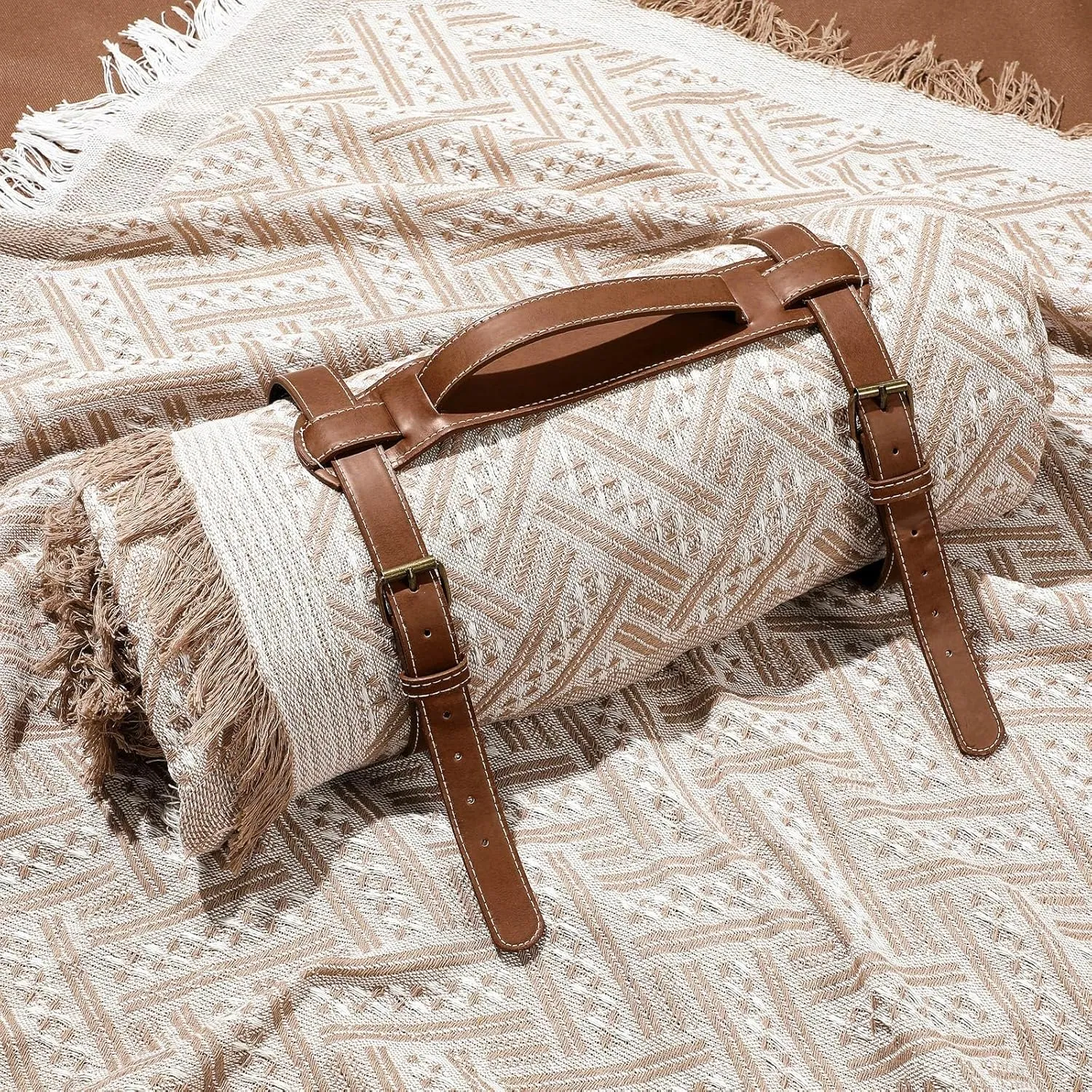 Waterproof Picnic Blankets Outdoor Blanket Foldable 2 in 1 Double Layer Sandproof Beach Mat with Carry Strap for Camping Lawn Park Beach Grass(Khaki,71 x 71 Inches)