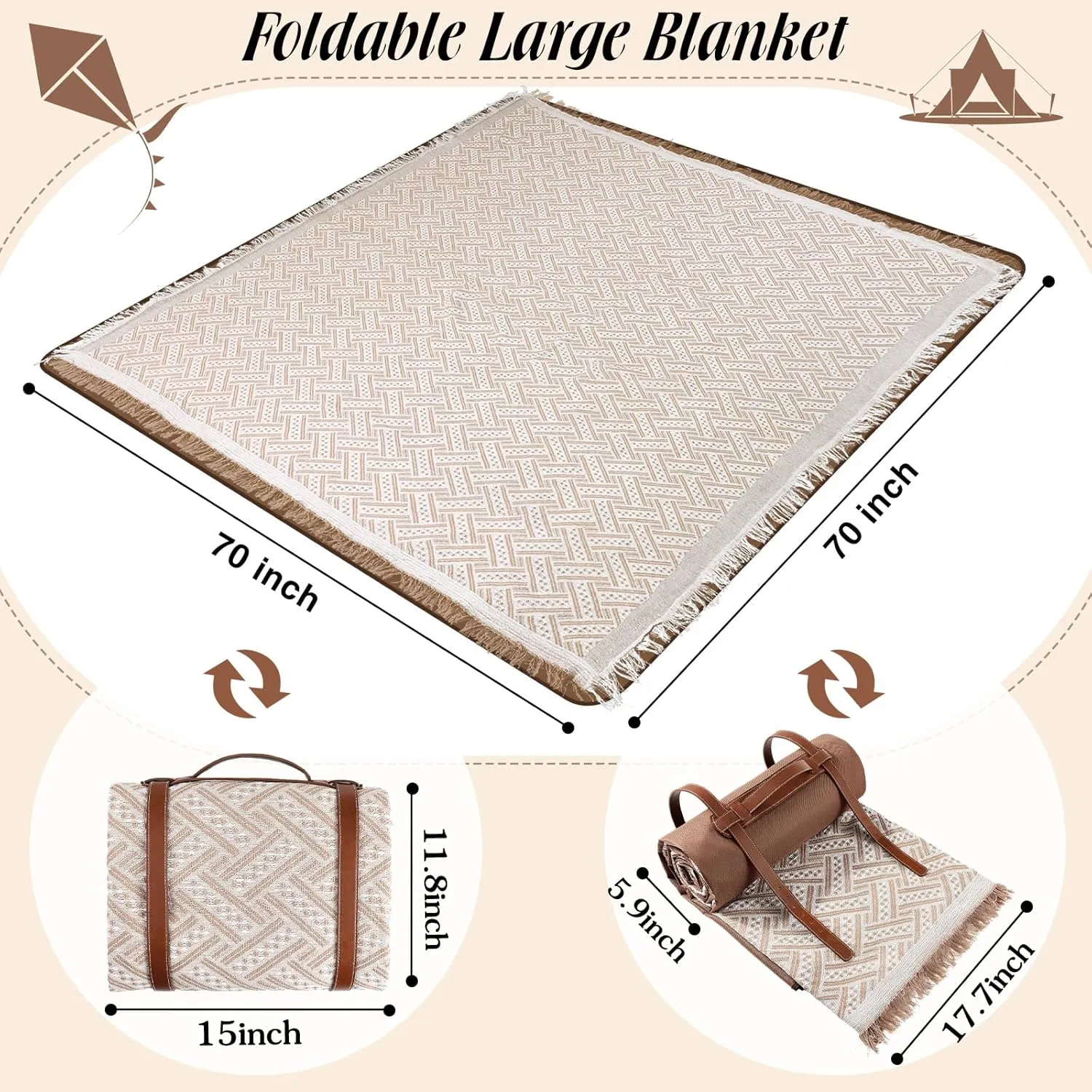 Waterproof Picnic Blankets Outdoor Blanket Foldable 2 in 1 Double Layer Sandproof Beach Mat with Carry Strap for Camping Lawn Park Beach Grass(Khaki,71 x 71 Inches)