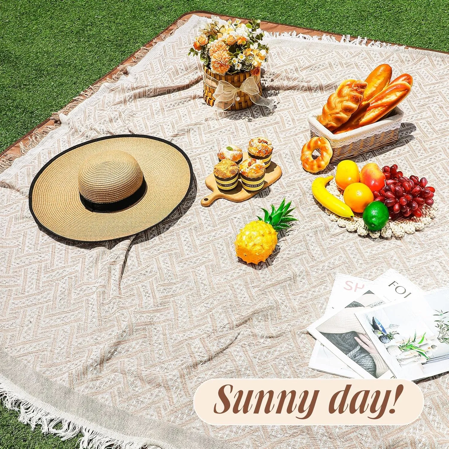 Waterproof Picnic Blankets Outdoor Blanket Foldable 2 in 1 Double Layer Sandproof Beach Mat with Carry Strap for Camping Lawn Park Beach Grass(Khaki,71 x 71 Inches)