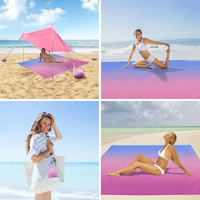 Waterproof Sandproof Beach Blanket, Blue Pink Gradient Picnic Blanket for 4 Adult, Weighted Beach Mat Sand Free with Stakes and Sand Pocket, Polyester Quick Drying Outdoor Beach Essentials Must Have