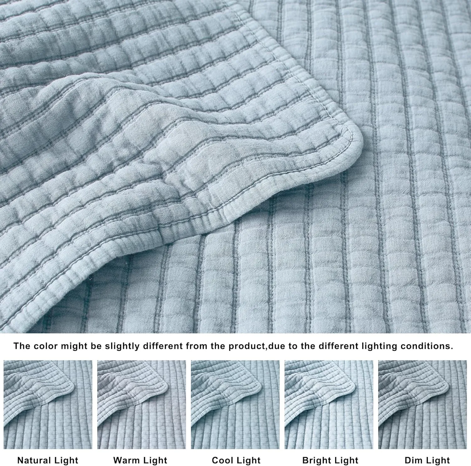 WDCOZY Blue Twin Size Quilt Set, Muslin Cotton Shell Down-Alt Poly Filling, Shabby Chic Rustic Farmhouse Country Bedspread, Textured Gauze Coverlet, Soft Lightweight Bedding, All Season, 1 Sham