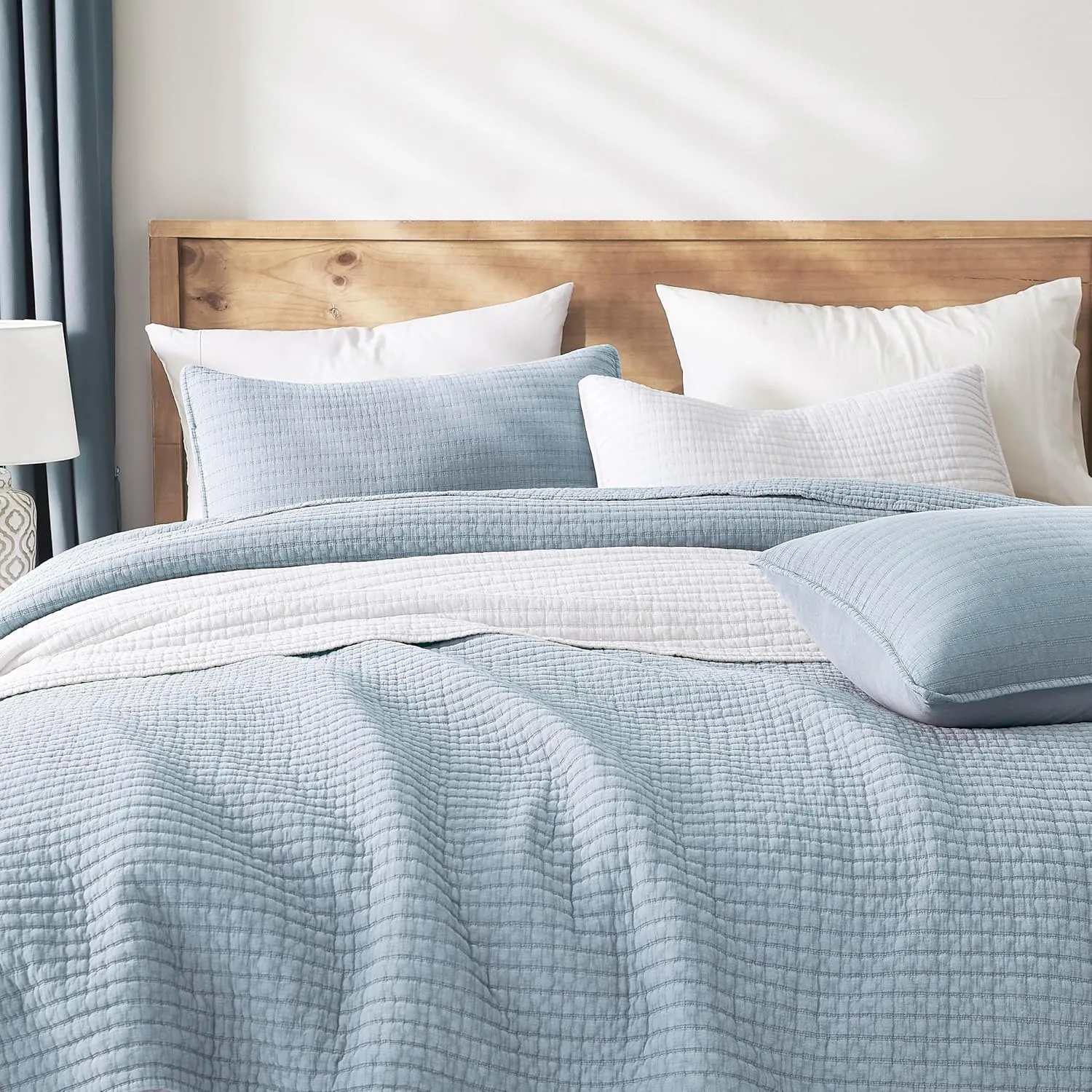 WDCOZY Blue Twin Size Quilt Set, Muslin Cotton Shell Down-Alt Poly Filling, Shabby Chic Rustic Farmhouse Country Bedspread, Textured Gauze Coverlet, Soft Lightweight Bedding, All Season, 1 Sham