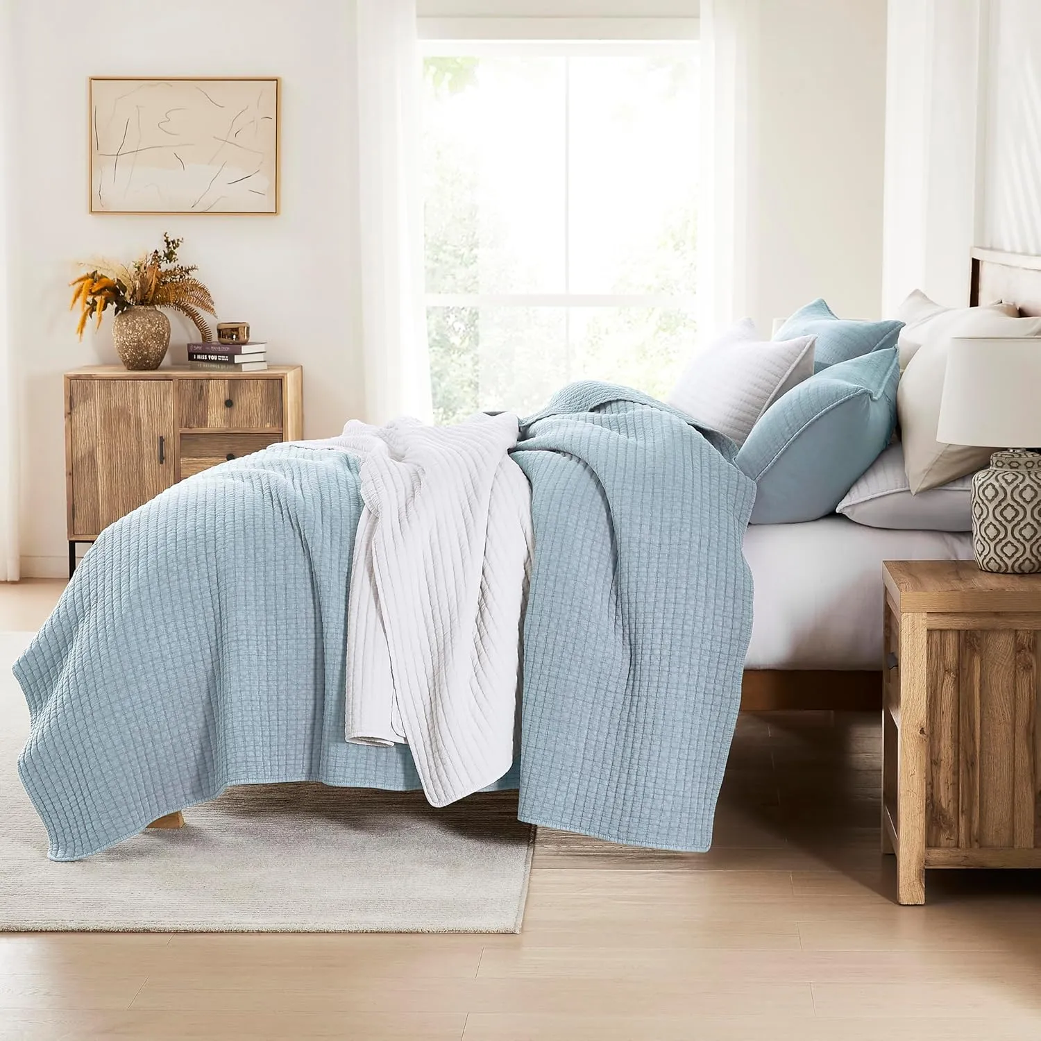 WDCOZY Blue Twin Size Quilt Set, Muslin Cotton Shell Down-Alt Poly Filling, Shabby Chic Rustic Farmhouse Country Bedspread, Textured Gauze Coverlet, Soft Lightweight Bedding, All Season, 1 Sham