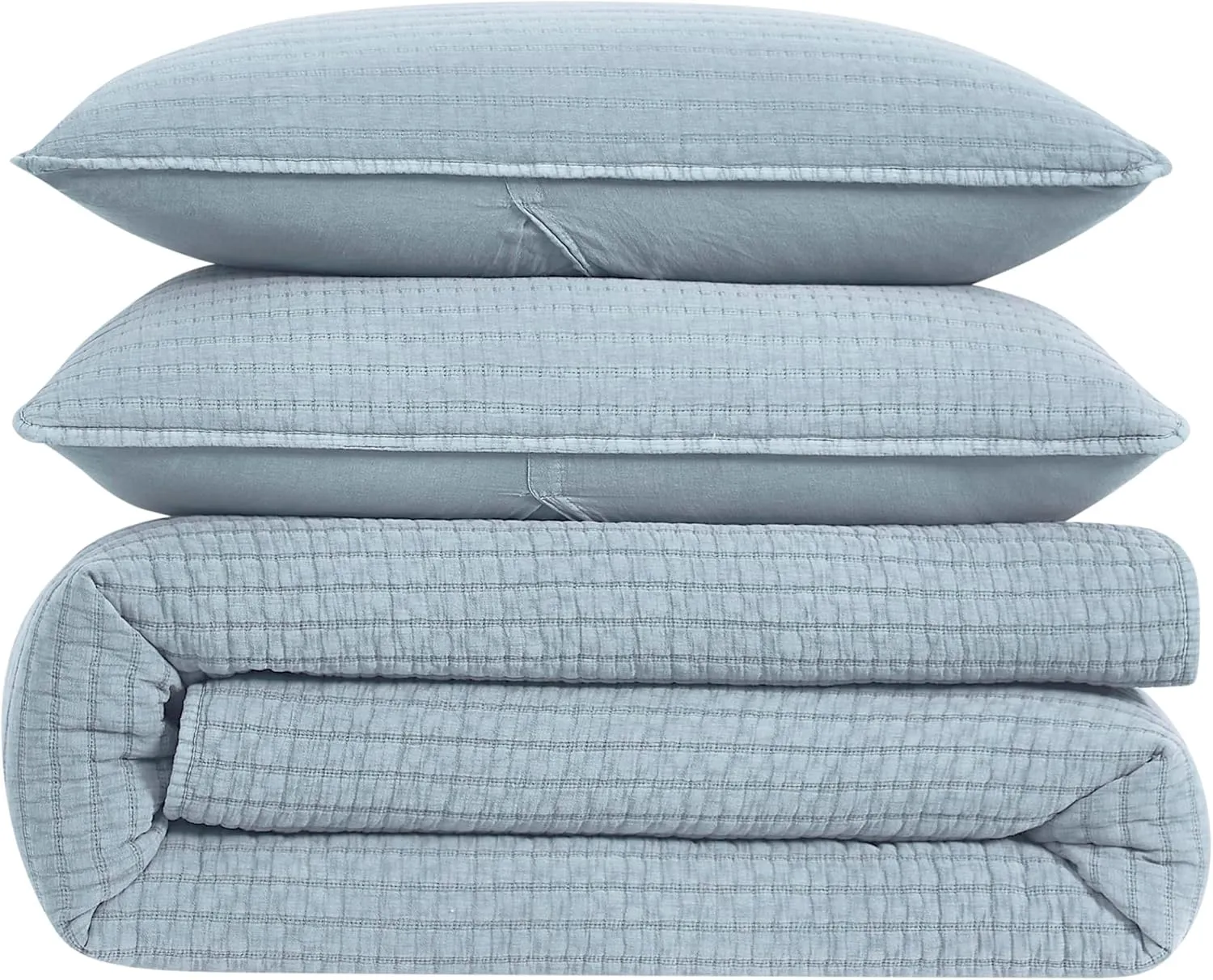 WDCOZY Blue Twin Size Quilt Set, Muslin Cotton Shell Down-Alt Poly Filling, Shabby Chic Rustic Farmhouse Country Bedspread, Textured Gauze Coverlet, Soft Lightweight Bedding, All Season, 1 Sham
