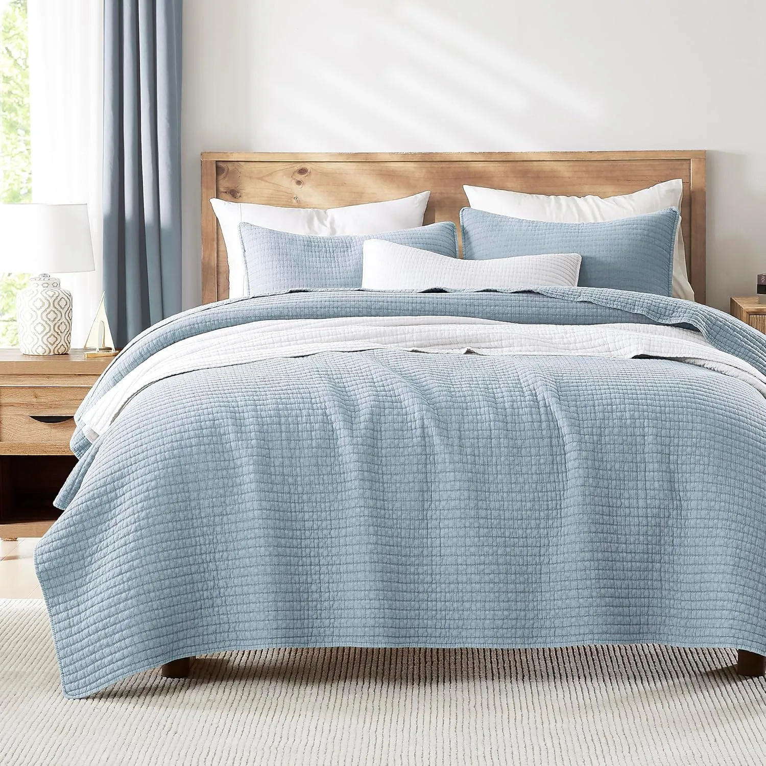 WDCOZY Blue Twin Size Quilt Set, Muslin Cotton Shell Down-Alt Poly Filling, Shabby Chic Rustic Farmhouse Country Bedspread, Textured Gauze Coverlet, Soft Lightweight Bedding, All Season, 1 Sham