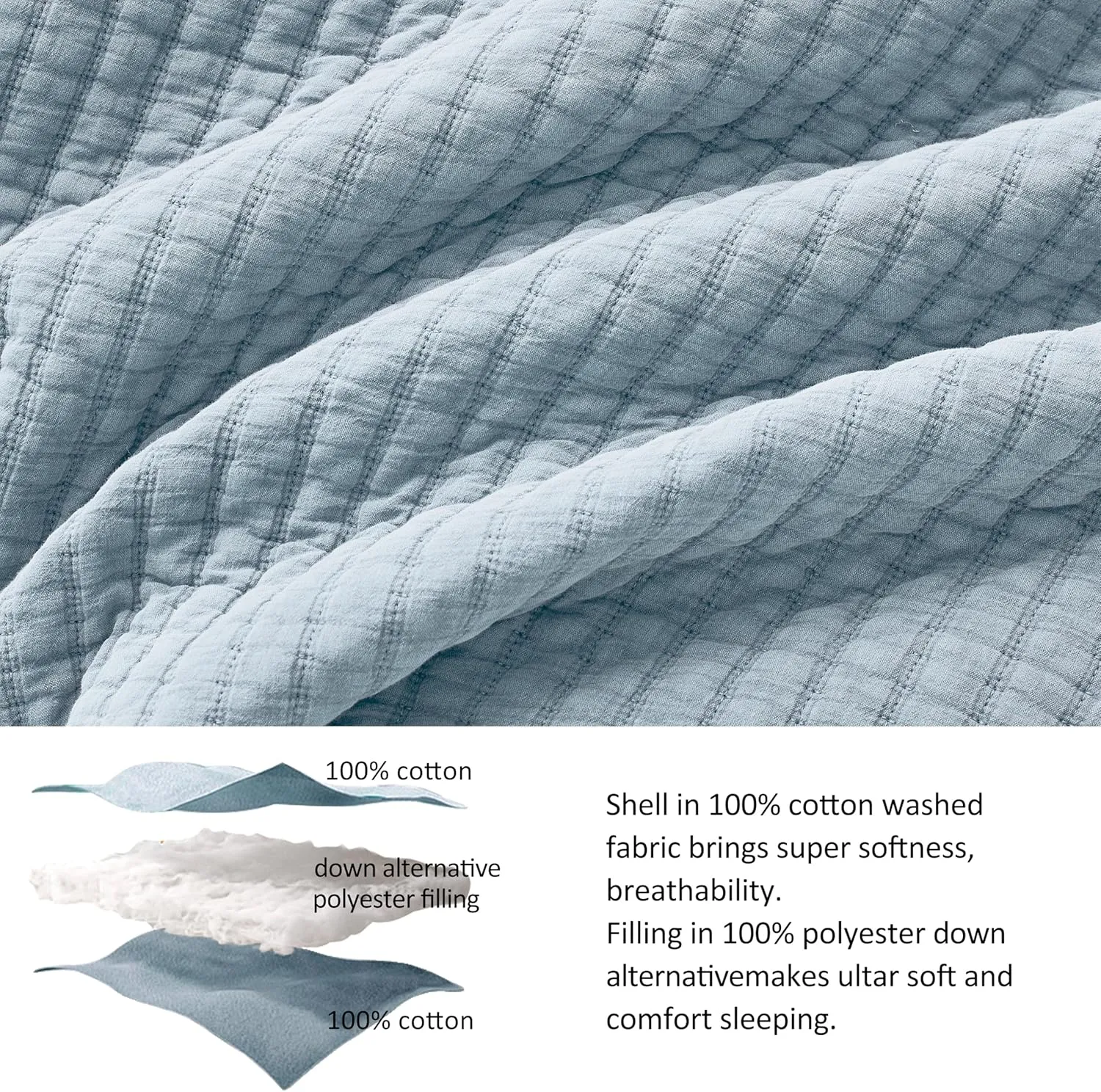 WDCOZY Blue Twin Size Quilt Set, Muslin Cotton Shell Down-Alt Poly Filling, Shabby Chic Rustic Farmhouse Country Bedspread, Textured Gauze Coverlet, Soft Lightweight Bedding, All Season, 1 Sham