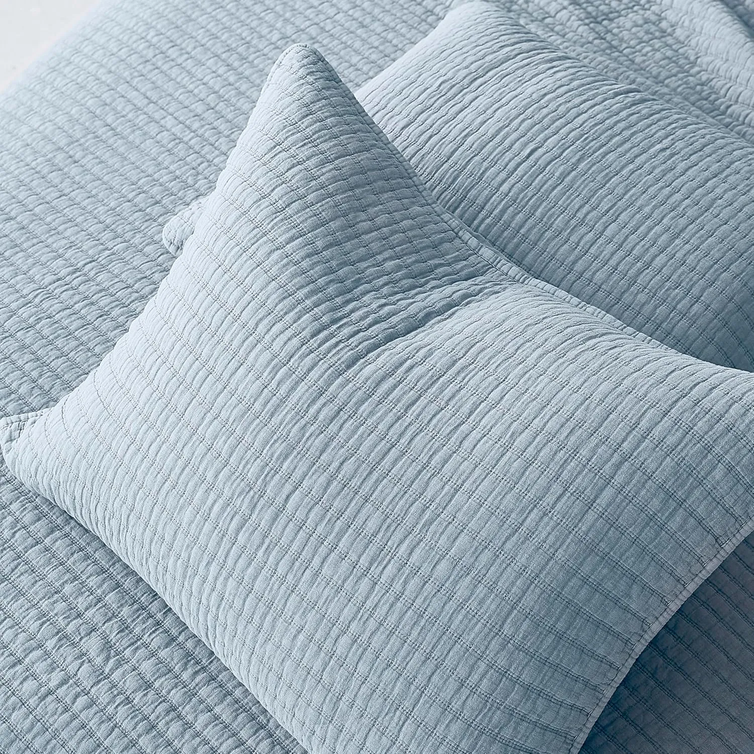 WDCOZY Blue Twin Size Quilt Set, Muslin Cotton Shell Down-Alt Poly Filling, Shabby Chic Rustic Farmhouse Country Bedspread, Textured Gauze Coverlet, Soft Lightweight Bedding, All Season, 1 Sham