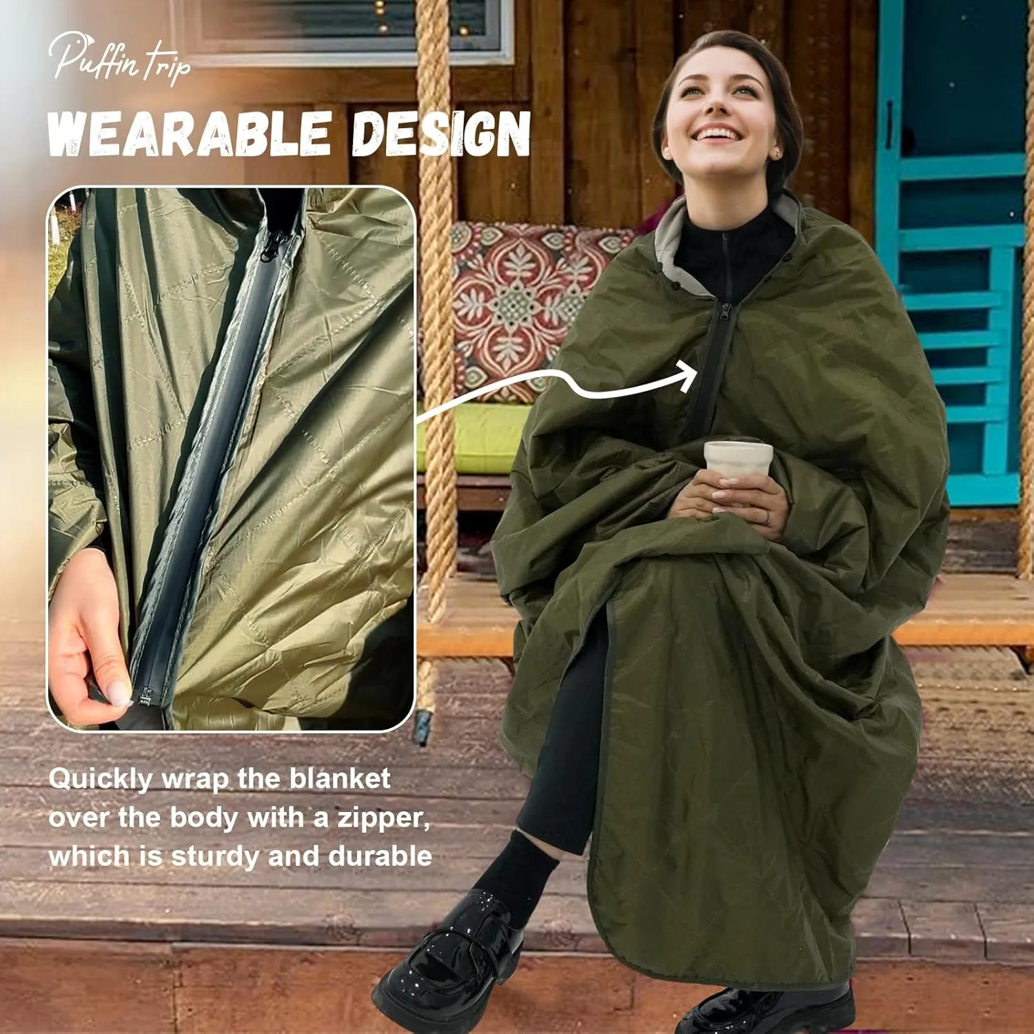 Wearable Warm Camping Blanket Waterproof Windproof Quilted Fleece Stadium Outdoor Blanket with Portable Bag for Cold Weather Camping Picnic Sports Pet Beach Travel Car 79*55 inches Black