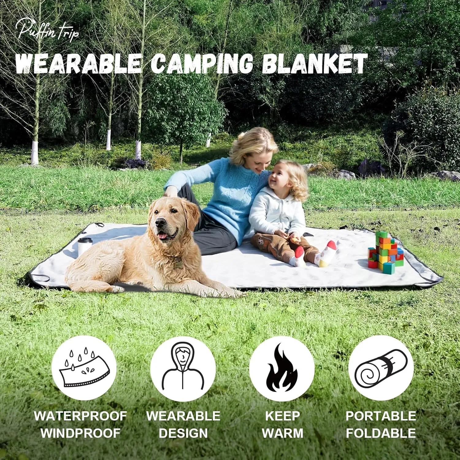 Wearable Warm Camping Blanket Waterproof Windproof Quilted Fleece Stadium Outdoor Blanket with Portable Bag for Cold Weather Camping Picnic Sports Pet Beach Travel Car 79*55 inches Black