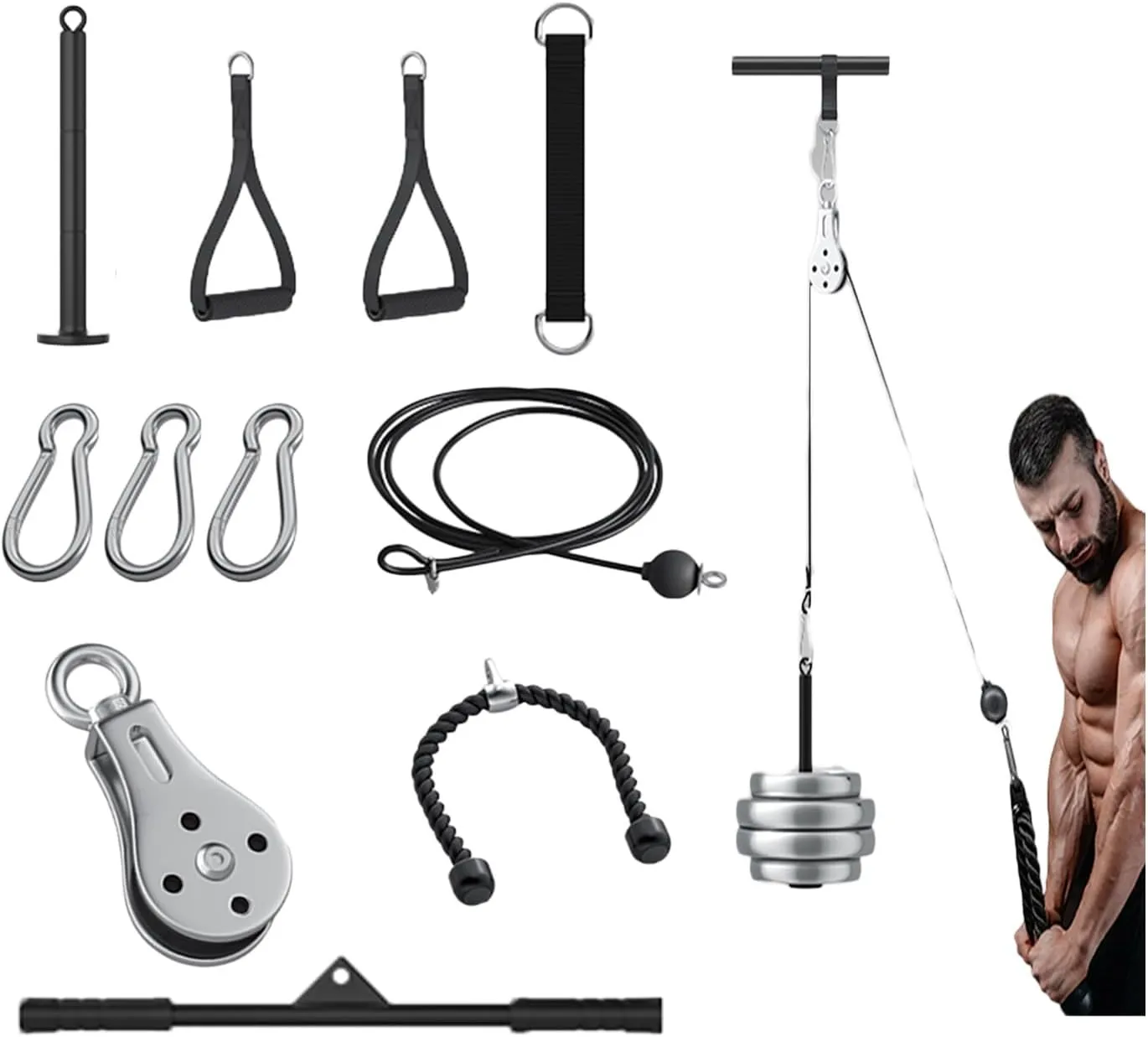 Weight Cable Pulley System,DIY Fitness Home Gym Equipment Workout Accessories with Tricep Rope, LAT Pull Down Bar, Gym Cable for Triceps Extensions