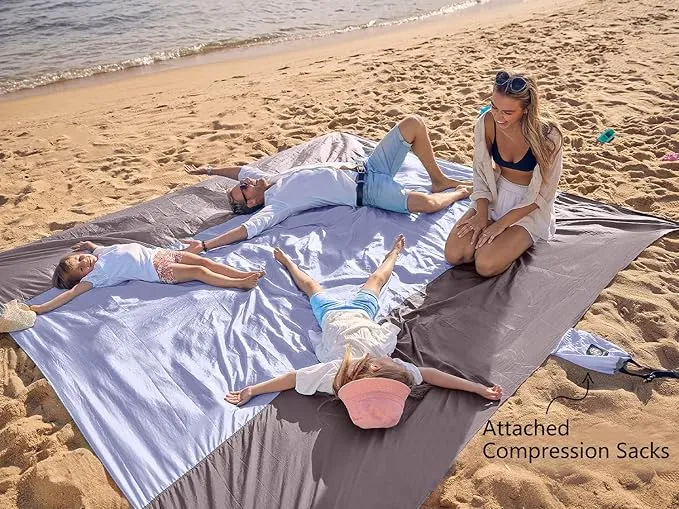 WEKAPO Beach Blanket Sandproof, Extra Large Beach Mat, Big & Compact Sand Free Mat Quick Drying, Lightweight & Durable with 6 Stakes & 4 Corner Pockets
