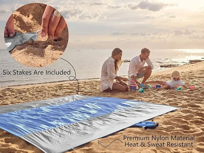 WEKAPO Beach Blanket Sandproof, Extra Large Beach Mat, Big & Compact Sand Free Mat Quick Drying, Lightweight & Durable with 6 Stakes & 4 Corner Pockets