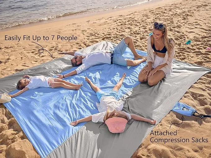 WEKAPO Beach Blanket Sandproof, Extra Large Beach Mat, Big & Compact Sand Free Mat Quick Drying, Lightweight & Durable with 6 Stakes & 4 Corner Pockets