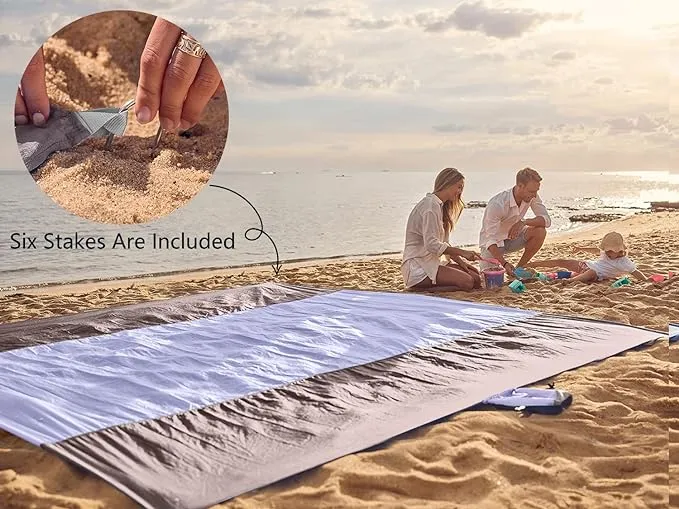 WEKAPO Beach Blanket Sandproof, Extra Large Beach Mat, Big & Compact Sand Free Mat Quick Drying, Lightweight & Durable with 6 Stakes & 4 Corner Pockets