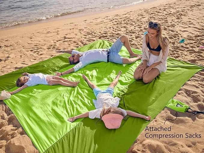 WEKAPO Beach Blanket Sandproof, Extra Large Beach Mat, Big & Compact Sand Free Mat Quick Drying, Lightweight & Durable with 6 Stakes & 4 Corner Pockets