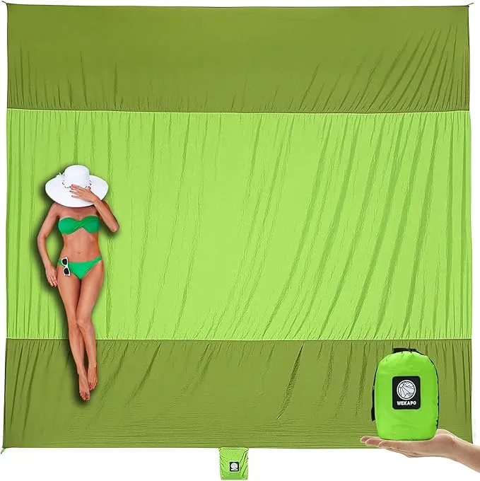WEKAPO Beach Blanket Sandproof, Extra Large Beach Mat, Big & Compact Sand Free Mat Quick Drying, Lightweight & Durable with 6 Stakes & 4 Corner Pockets