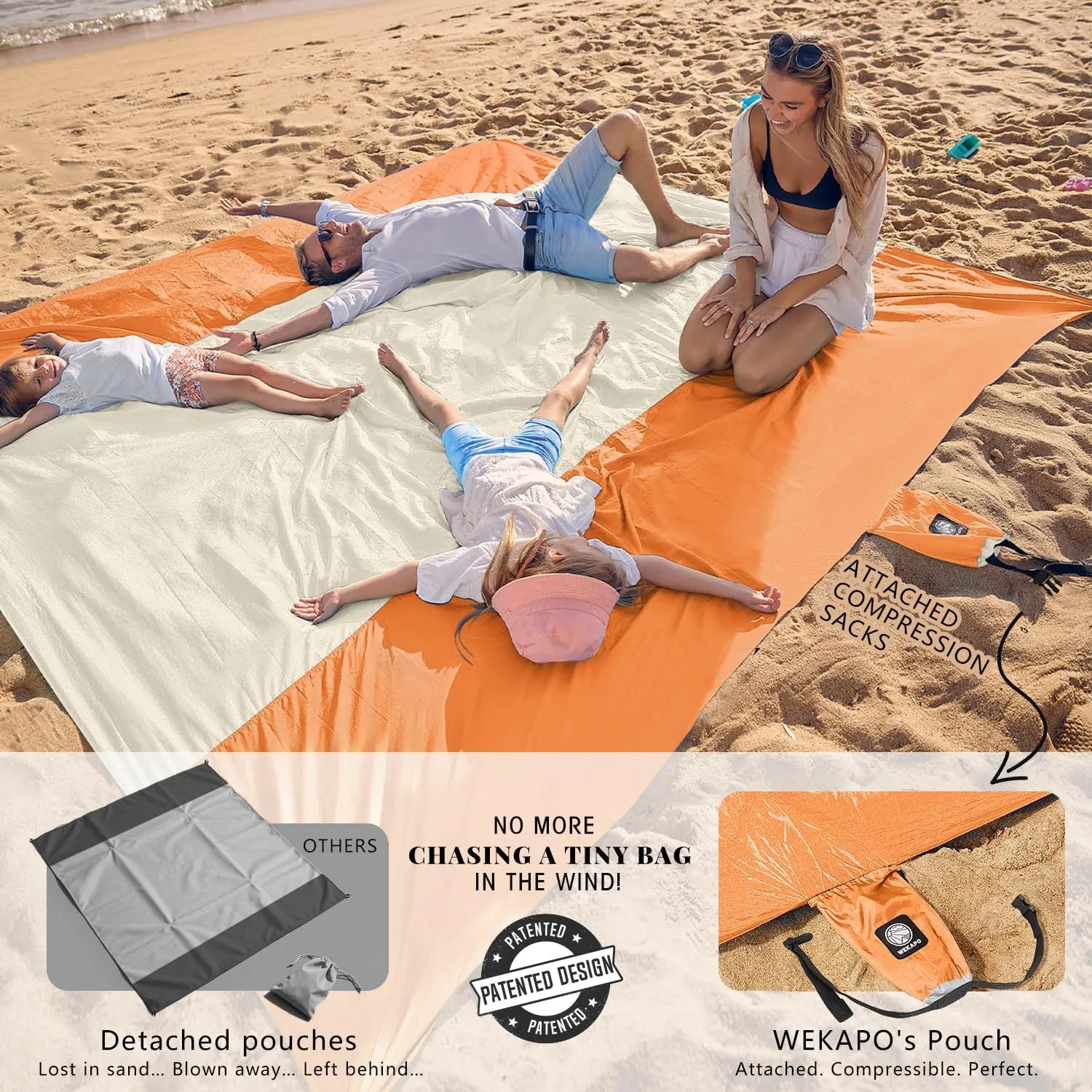 WEKAPO Beach Blanket Sandproof Waterproof, Extra Large Beach Mat, Oversized & Compact Sand Free Mat Quick Drying, Lightweight & Durable with 6 Stakes & 4 Corner Pockets