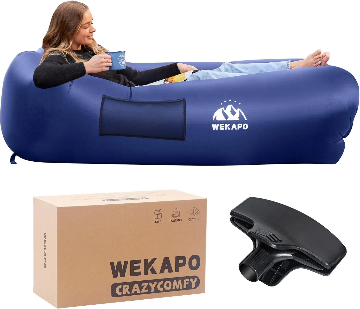 WEKAPO Inflatable Couch - Easiest Setup, Crazy Comfy & Ultralight - Blow up Lounger Chair Perfect for Hiking, Camping, Beach, Festivals - Lightweight Air Sofa for Relaxing Anywhere (Navy)