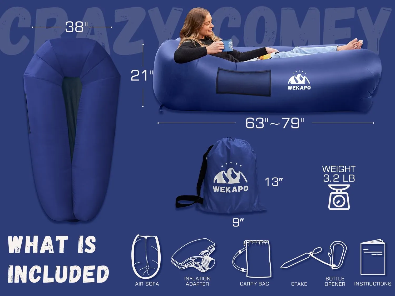 WEKAPO Inflatable Couch - Easiest Setup, Crazy Comfy & Ultralight - Blow up Lounger Chair Perfect for Hiking, Camping, Beach, Festivals - Lightweight Air Sofa for Relaxing Anywhere (Navy)