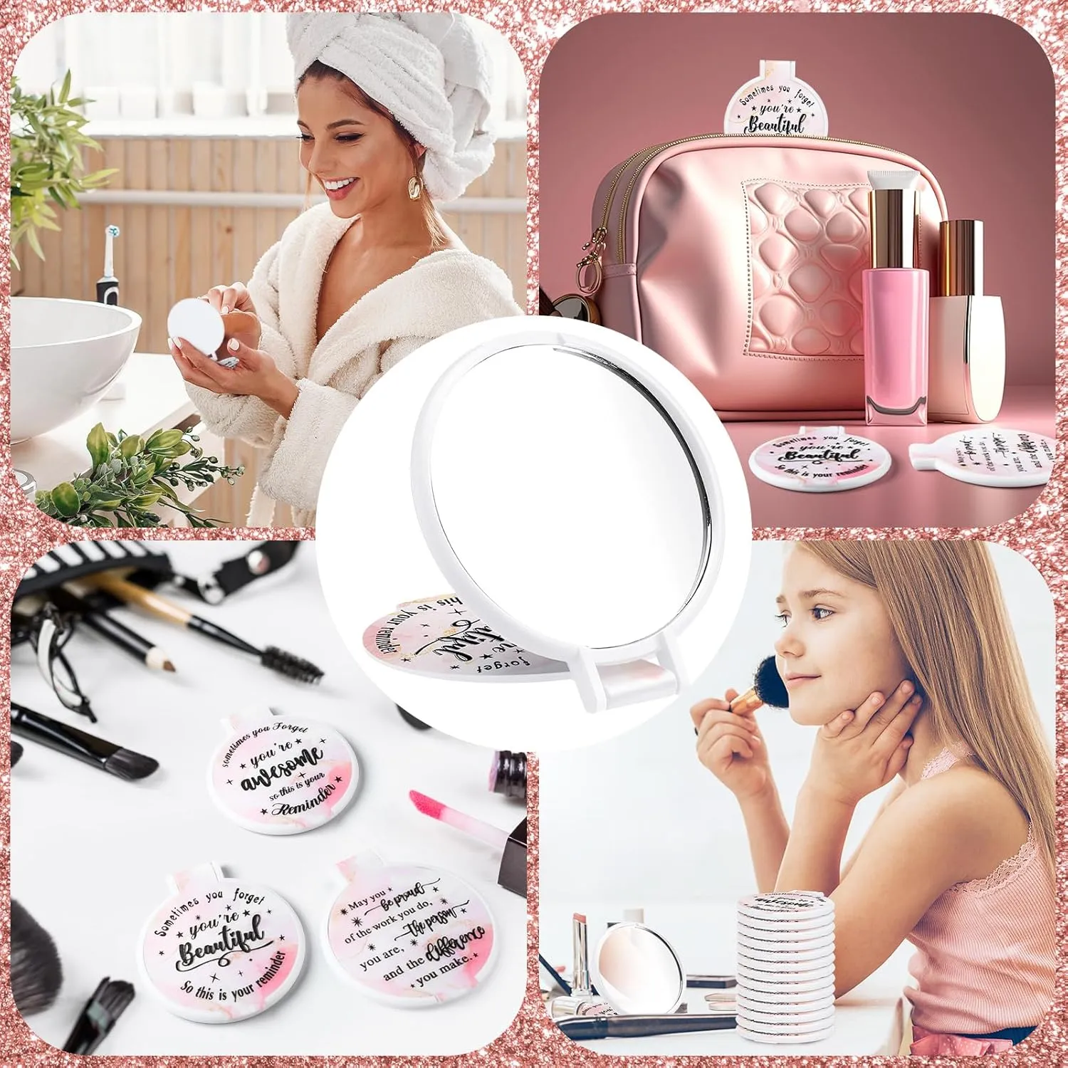 Wenqik 100 Pcs Compact Mirror Bulk Light Pink Gifts for Women Small Inspirational Pocket Purse Handheld Mirror Portable Round Makeup Folding Appreciation Gift for Christmas Valentine Daily Travel
