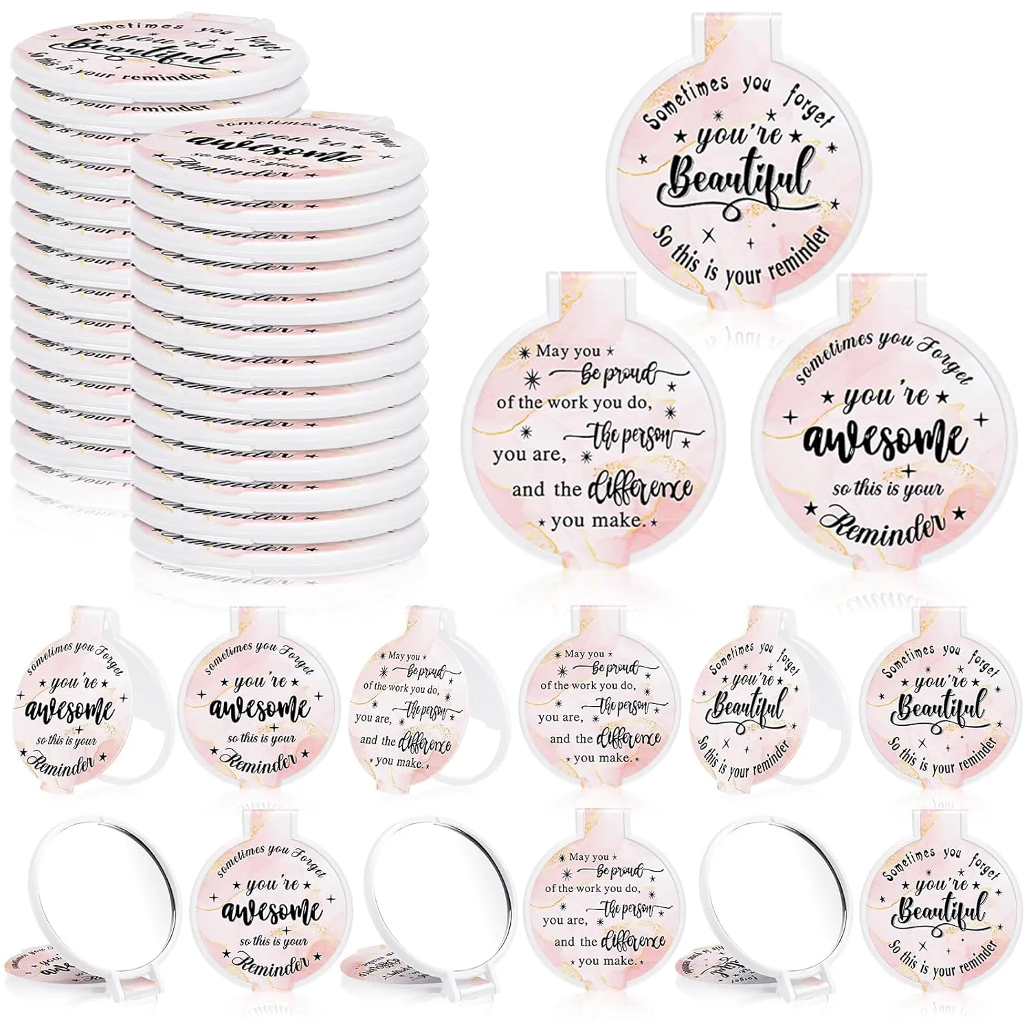 Wenqik 100 Pcs Compact Mirror Bulk Light Pink Gifts for Women Small Inspirational Pocket Purse Handheld Mirror Portable Round Makeup Folding Appreciation Gift for Christmas Valentine Daily Travel