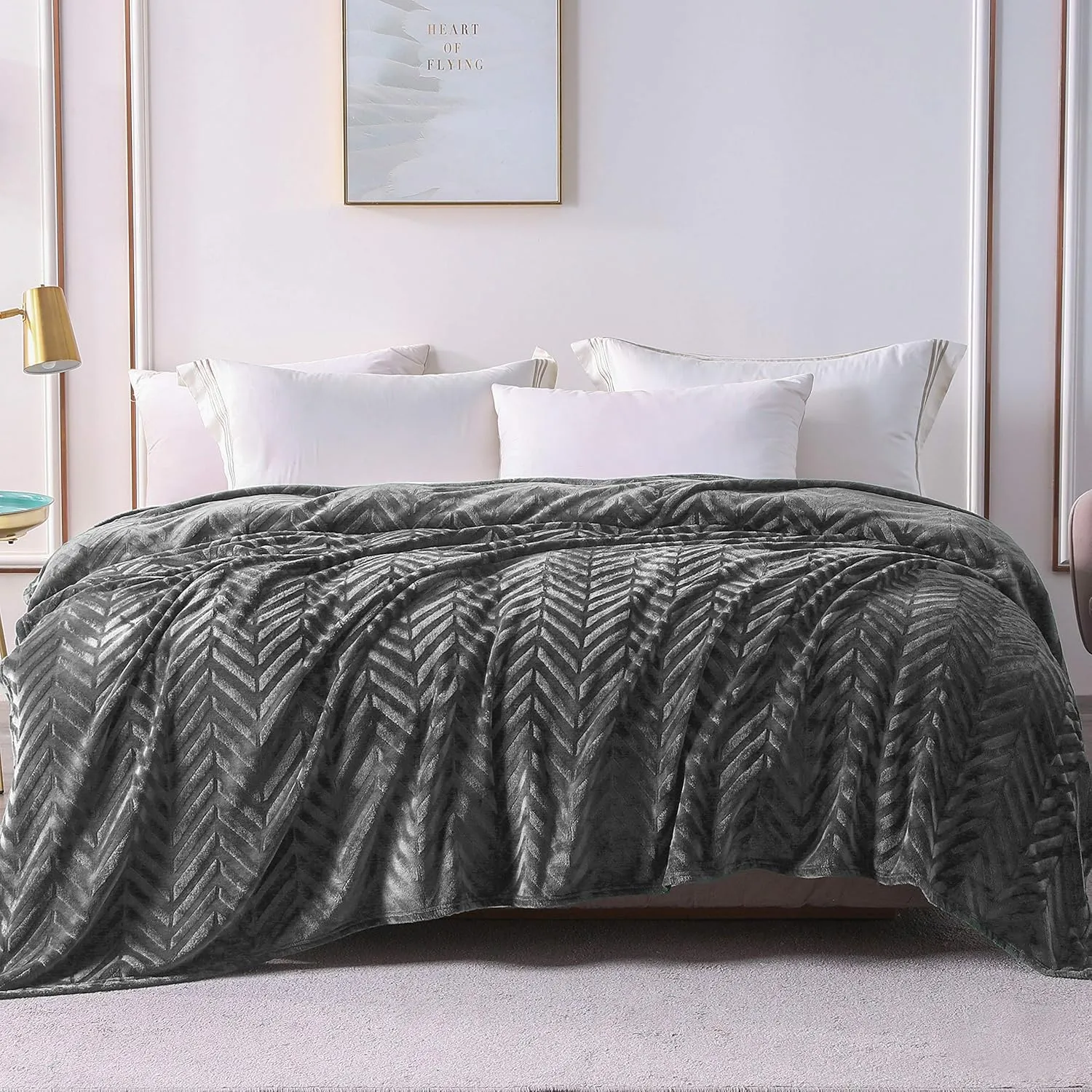 Whale Flotilla Flannel Fleece Queen Size Bed Blanket, Lightweight Breathable Soft Bedspread Plush Fluffy Coverlet Chevron Design Decorative Blanket for All Season, 90x90 Inch, Dark Grey