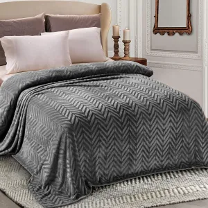 Whale Flotilla Flannel Fleece Queen Size Bed Blanket, Lightweight Breathable Soft Bedspread Plush Fluffy Coverlet Chevron Design Decorative Blanket for All Season, 90x90 Inch, Dark Grey