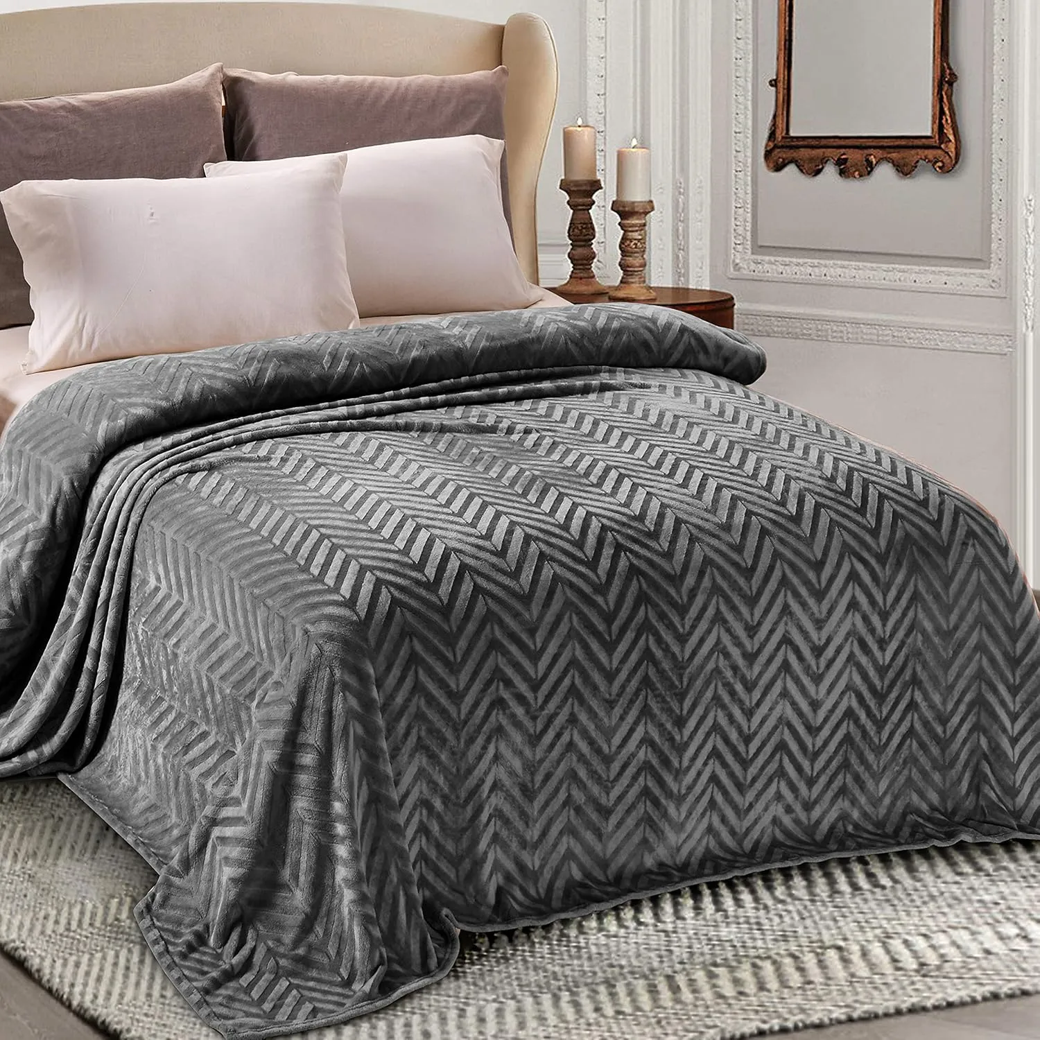 Whale Flotilla Flannel Fleece Queen Size Bed Blanket, Lightweight Breathable Soft Bedspread Plush Fluffy Coverlet Chevron Design Decorative Blanket for All Season, 90x90 Inch, Dark Grey
