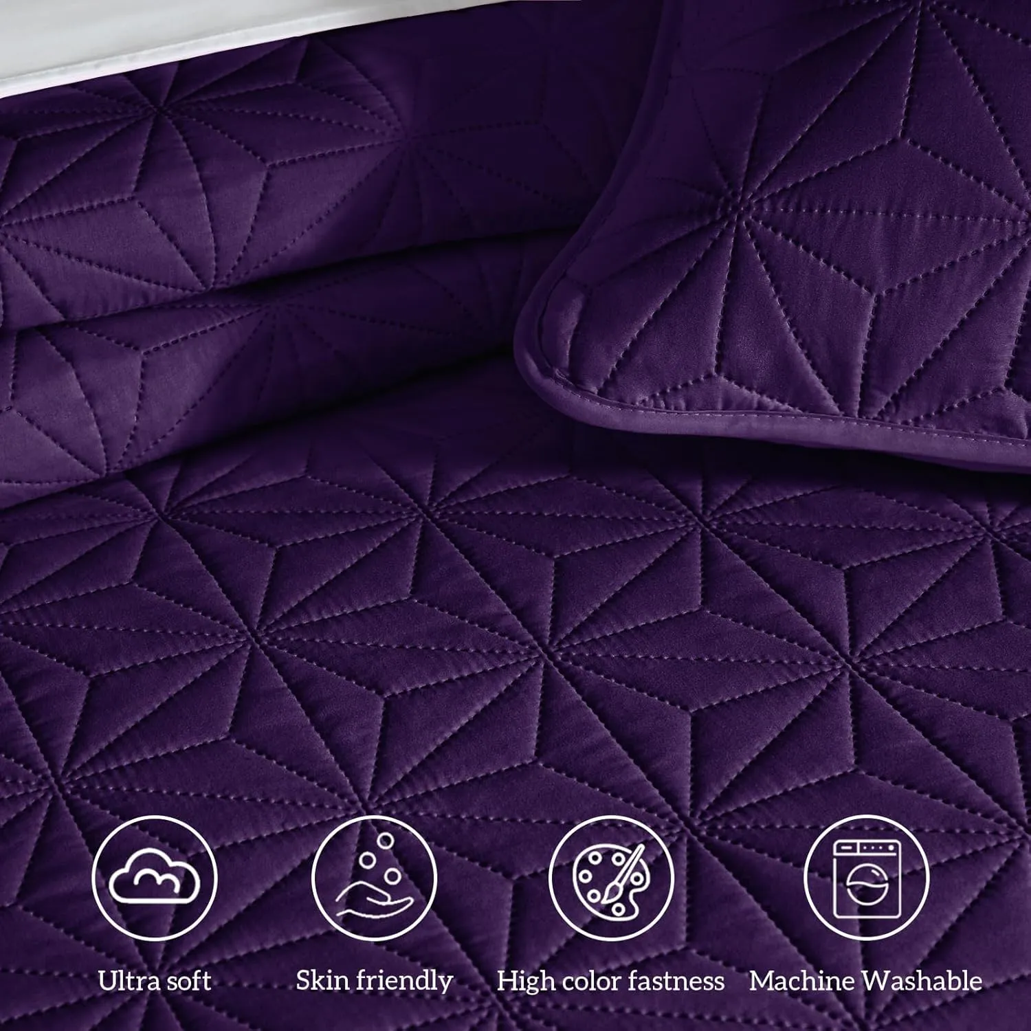 Whale Flotilla Queen Quilt Bedding Set, Soft Purple Bedspreads Quilts Queen Size for All Seasons, 3 Pieces Lightweight Geometric Star Pattern Coverlet