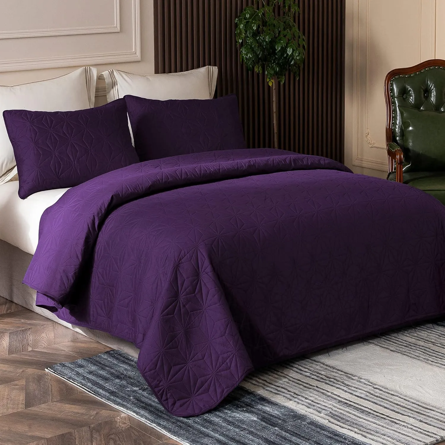 Whale Flotilla Queen Quilt Bedding Set, Soft Purple Bedspreads Quilts Queen Size for All Seasons, 3 Pieces Lightweight Geometric Star Pattern Coverlet